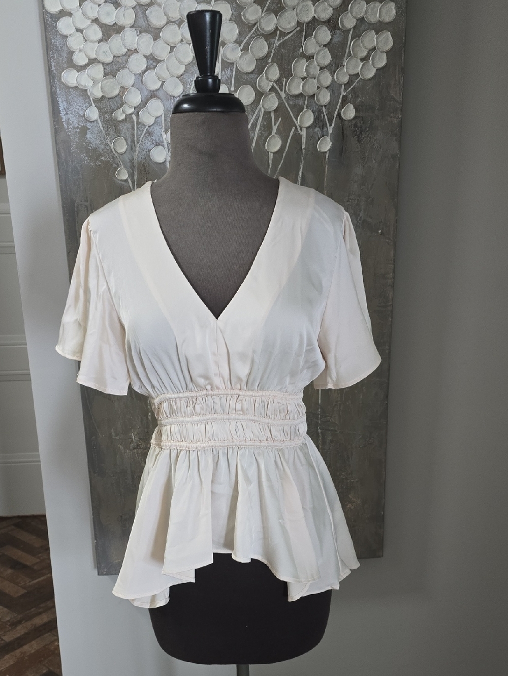 Umgee Cream V-Neck Smocked Peplum Blouse